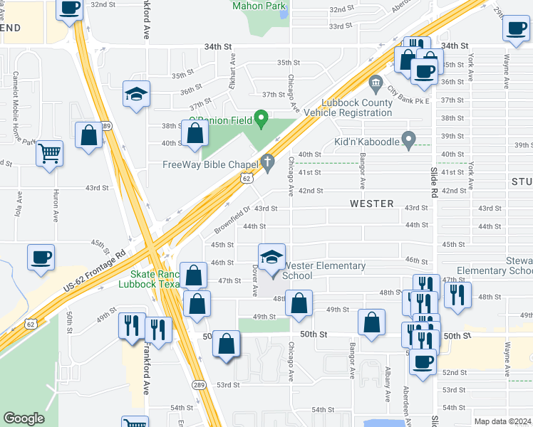map of restaurants, bars, coffee shops, grocery stores, and more near 5513 43rd St in Lubbock