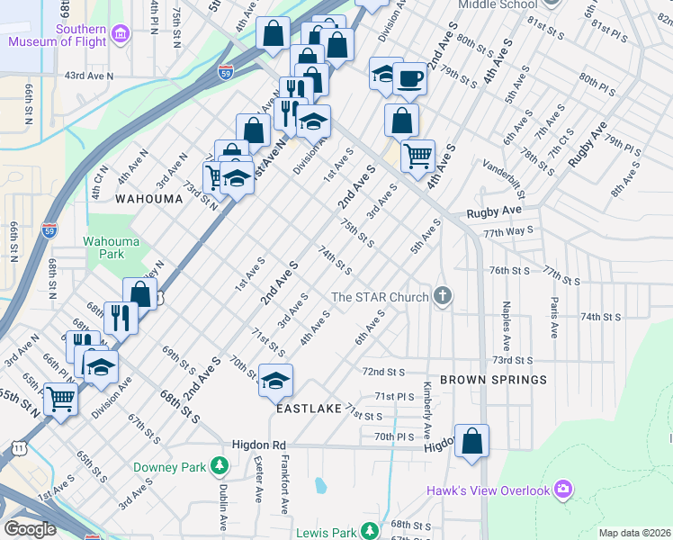 map of restaurants, bars, coffee shops, grocery stores, and more near 7400 4th Avenue South in Birmingham