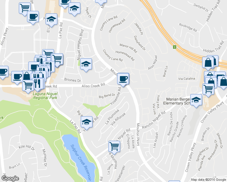 map of restaurants, bars, coffee shops, grocery stores, and more near 28075 Tioga Court in Laguna Niguel