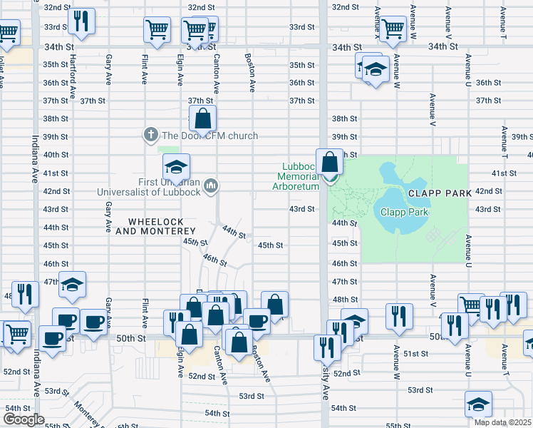 map of restaurants, bars, coffee shops, grocery stores, and more near 2613 43rd Street in Lubbock