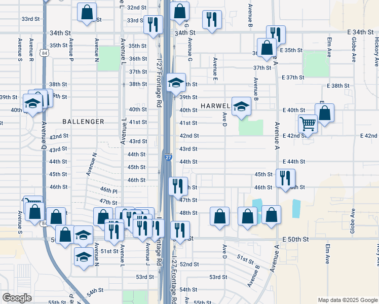 map of restaurants, bars, coffee shops, grocery stores, and more near 527 43rd Street in Lubbock