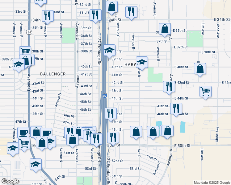 map of restaurants, bars, coffee shops, grocery stores, and more near 4301 Interstate 27 in Lubbock