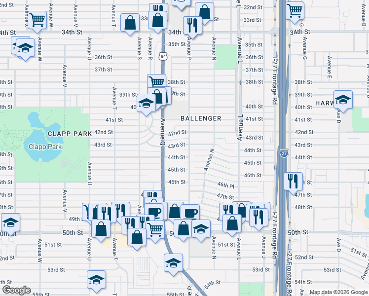 map of restaurants, bars, coffee shops, grocery stores, and more near 1517 43rd Street in Lubbock