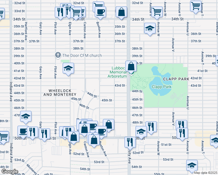 map of restaurants, bars, coffee shops, grocery stores, and more near 2613 43rd Street in Lubbock