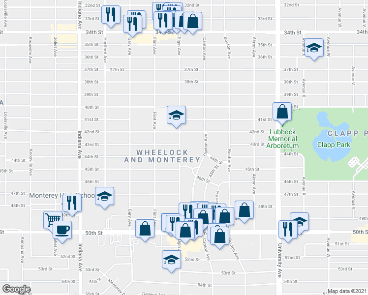 map of restaurants, bars, coffee shops, grocery stores, and more near 2816 43rd Street in Lubbock