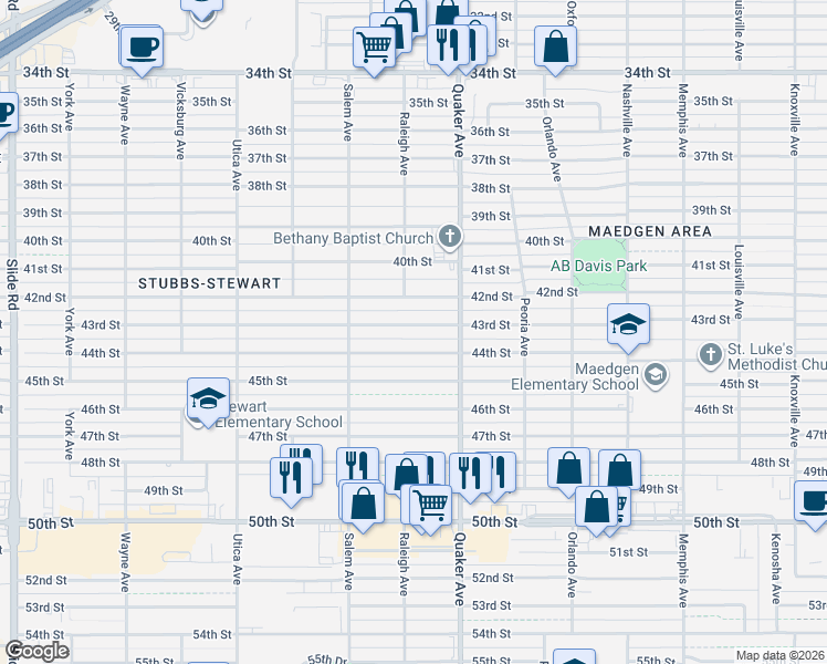 map of restaurants, bars, coffee shops, grocery stores, and more near 4419 43rd Street in Lubbock