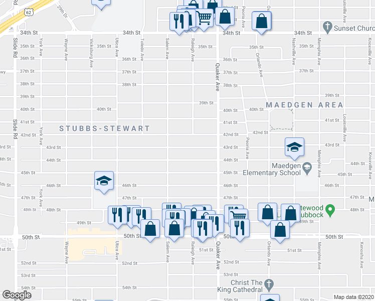 map of restaurants, bars, coffee shops, grocery stores, and more near 4419 43rd Street in Lubbock