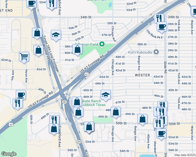 map of restaurants, bars, coffee shops, grocery stores, and more near 5614 Brownfield Drive in Lubbock