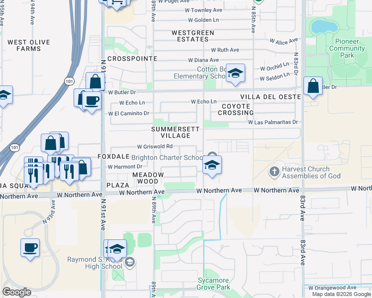 map of restaurants, bars, coffee shops, grocery stores, and more near 8757 West Griswold Road in Peoria