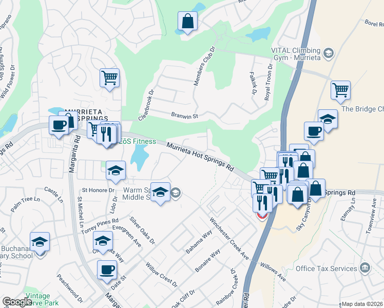map of restaurants, bars, coffee shops, grocery stores, and more near 29370 Vía Frontera in Murrieta