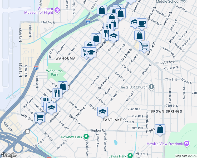 map of restaurants, bars, coffee shops, grocery stores, and more near 7207 1st Avenue South in Birmingham