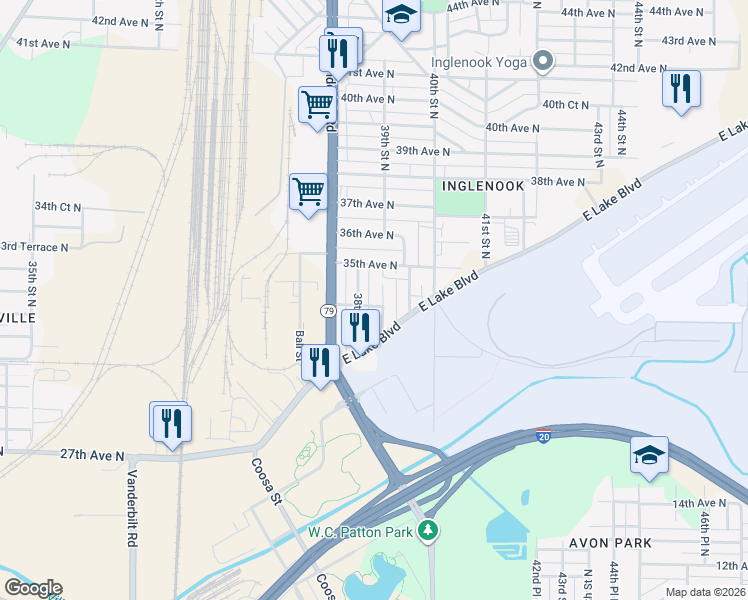 map of restaurants, bars, coffee shops, grocery stores, and more near 3405 39th Street North in Birmingham