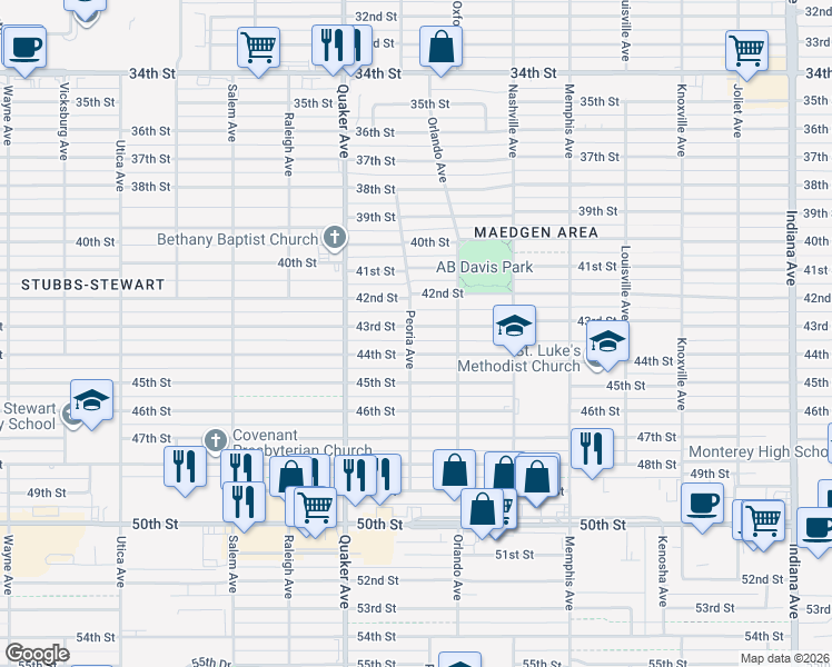 map of restaurants, bars, coffee shops, grocery stores, and more near 4213 43rd Street in Lubbock
