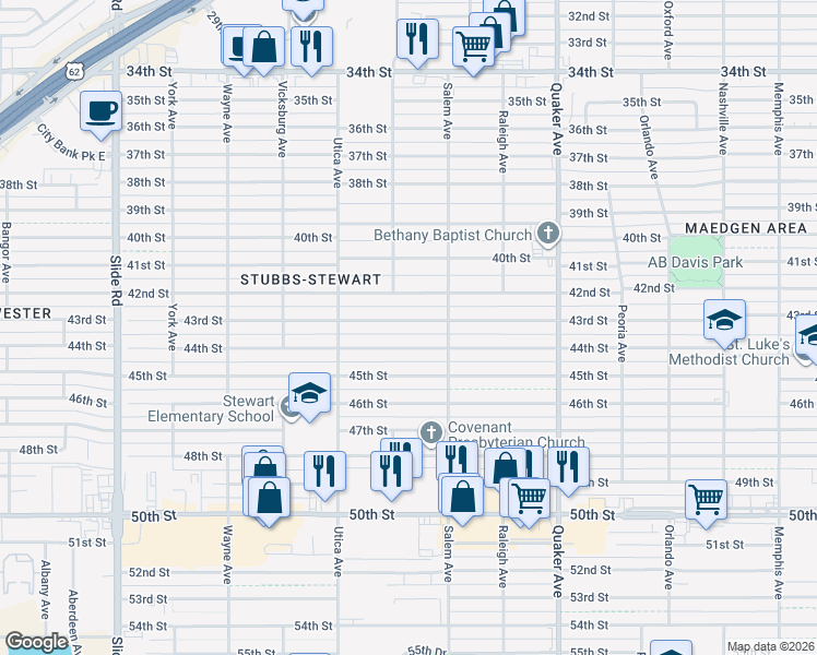 map of restaurants, bars, coffee shops, grocery stores, and more near 4615 43rd Street in Lubbock