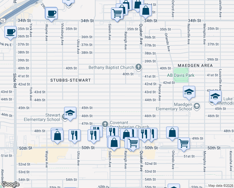 map of restaurants, bars, coffee shops, grocery stores, and more near 4511 43rd Street in Lubbock