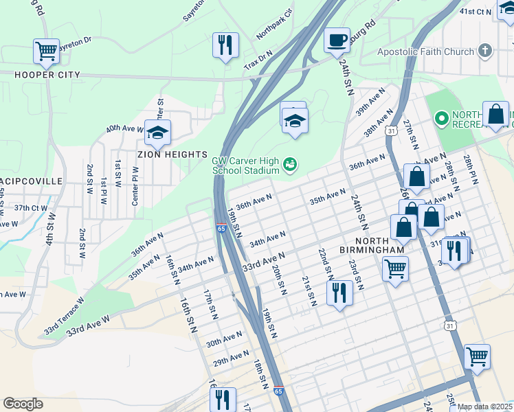 map of restaurants, bars, coffee shops, grocery stores, and more near 3517 20th Street North in Birmingham