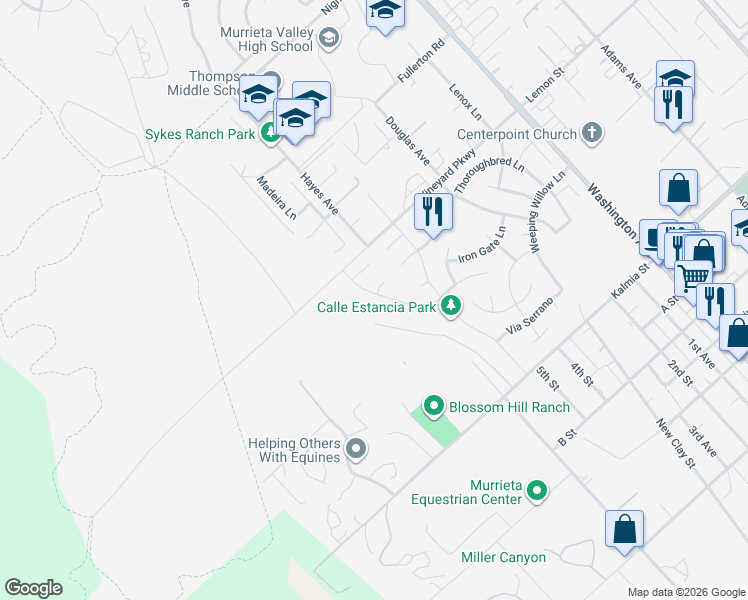 map of restaurants, bars, coffee shops, grocery stores, and more near 24407 Whitaker Way in Murrieta
