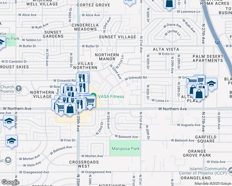 map of restaurants, bars, coffee shops, grocery stores, and more near 3229 West Royal Palm Road in Phoenix