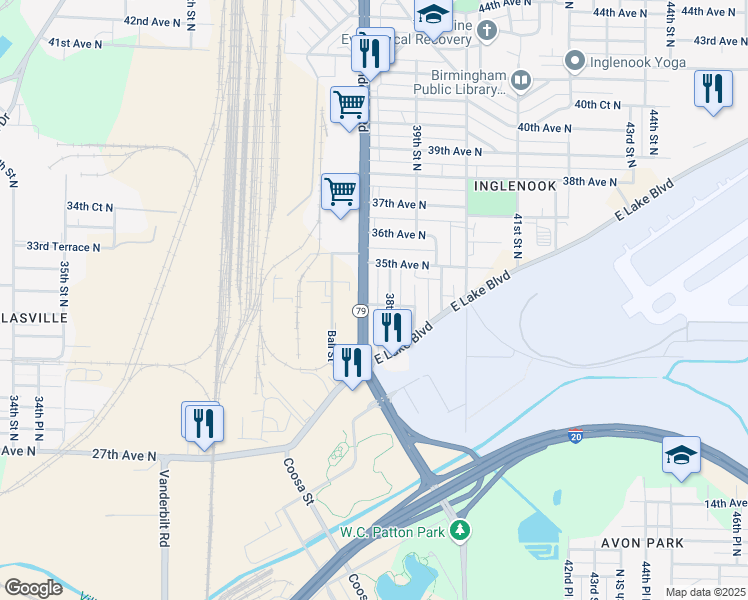 map of restaurants, bars, coffee shops, grocery stores, and more near 3401 Vanderbilt Road in Birmingham
