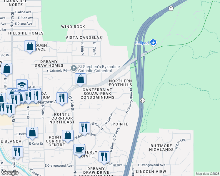 map of restaurants, bars, coffee shops, grocery stores, and more near 8116 North 18th Place in Phoenix