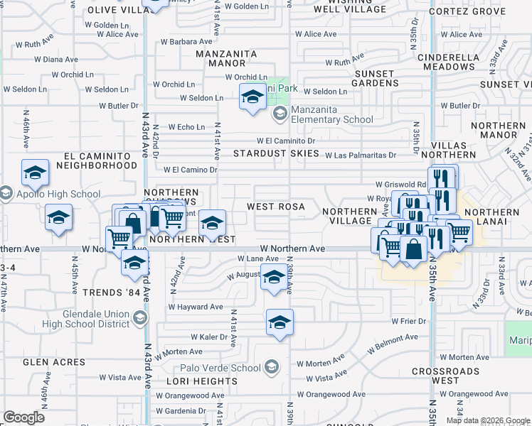 map of restaurants, bars, coffee shops, grocery stores, and more near 3932 West Harmont Drive in Phoenix