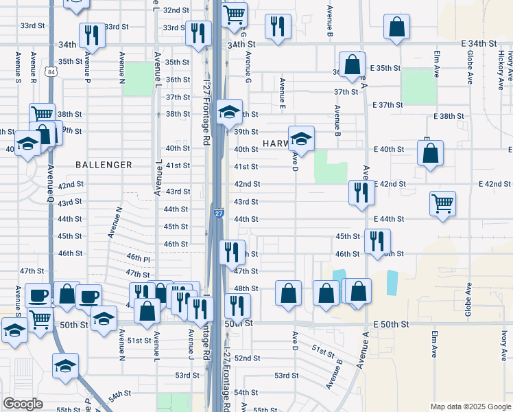 map of restaurants, bars, coffee shops, grocery stores, and more near 527 43rd Street in Lubbock