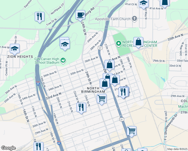 map of restaurants, bars, coffee shops, grocery stores, and more near 2421 34th Avenue North in Birmingham