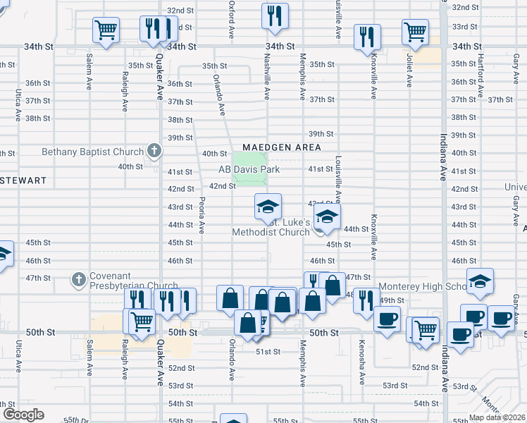 map of restaurants, bars, coffee shops, grocery stores, and more near 4001 43rd Street in Lubbock