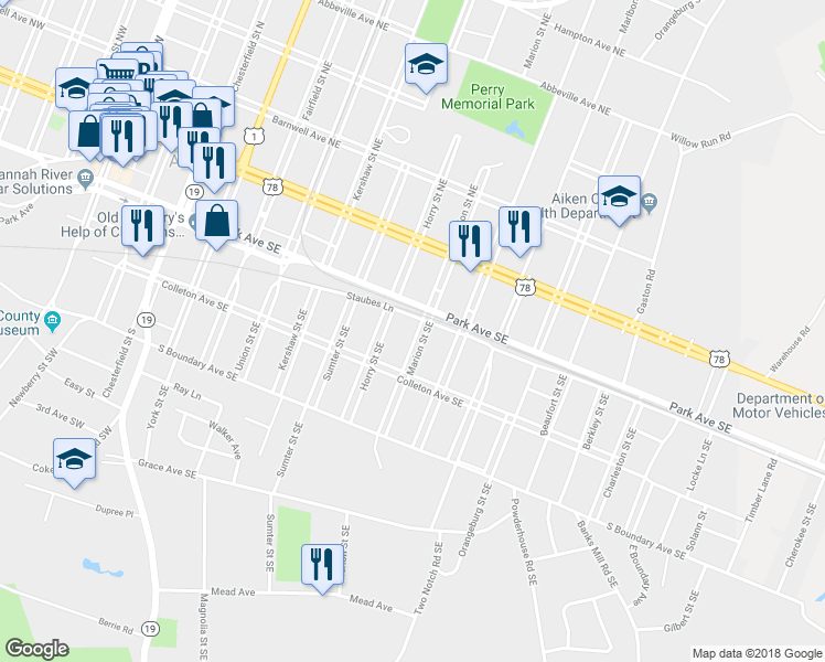 map of restaurants, bars, coffee shops, grocery stores, and more near 219 Marion Street Southeast in Aiken