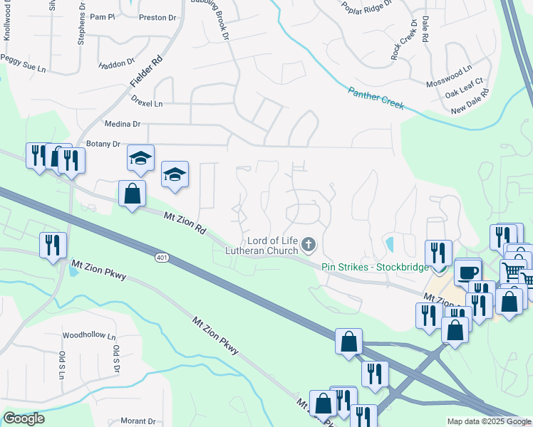 map of restaurants, bars, coffee shops, grocery stores, and more near 3156 Mount Zion Road in Stockbridge