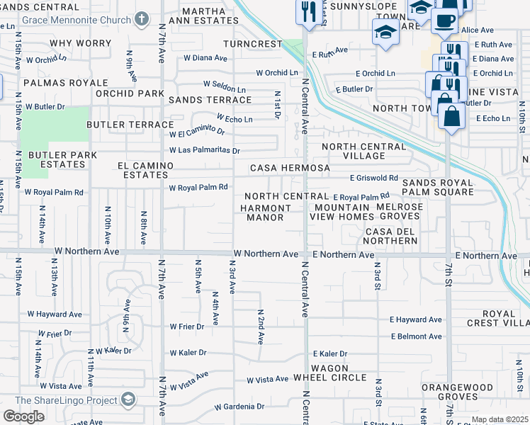 map of restaurants, bars, coffee shops, grocery stores, and more near North 2nd Avenue in Phoenix