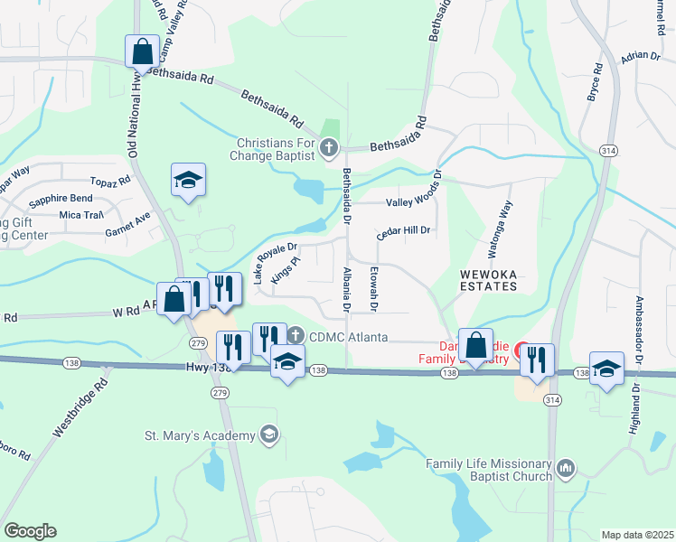 map of restaurants, bars, coffee shops, grocery stores, and more near 7430 Royale Lane in Riverdale