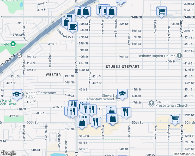 map of restaurants, bars, coffee shops, grocery stores, and more near 5007 43rd Street in Lubbock