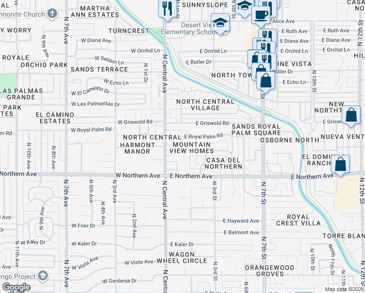 map of restaurants, bars, coffee shops, grocery stores, and more near 36 East Harmont Drive in Phoenix