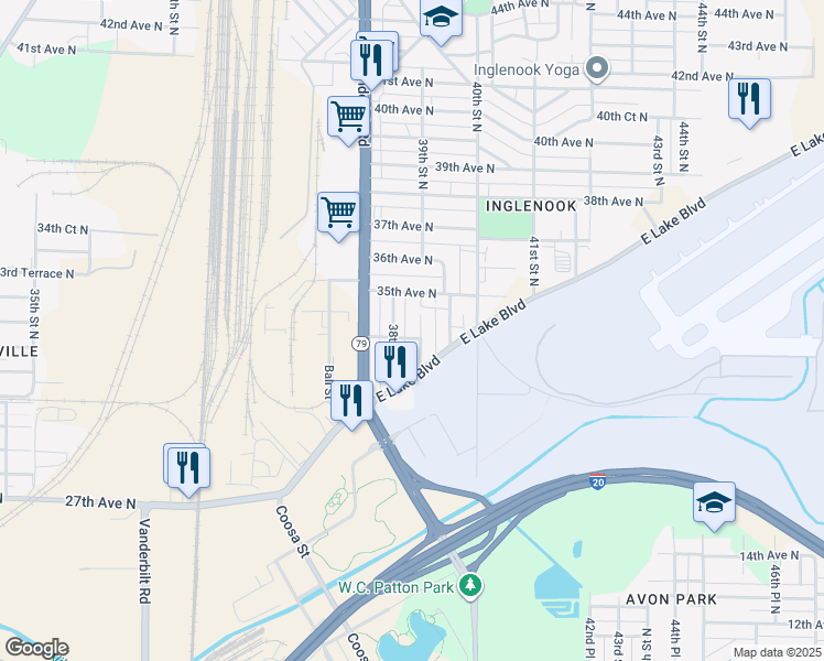 map of restaurants, bars, coffee shops, grocery stores, and more near 3405 39th Street North in Birmingham