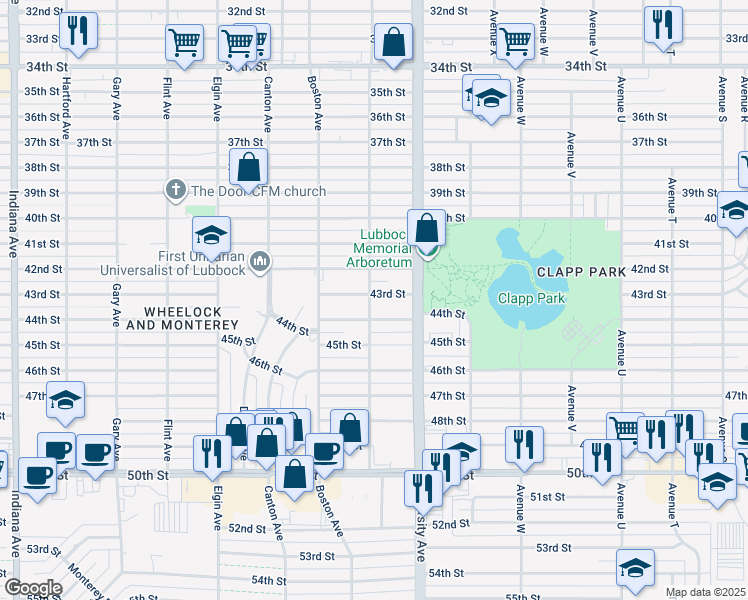 map of restaurants, bars, coffee shops, grocery stores, and more near 2519 43rd Street in Lubbock