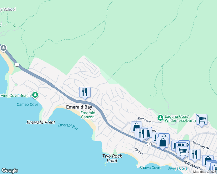 map of restaurants, bars, coffee shops, grocery stores, and more near 260 Emerald Bay in Laguna Beach