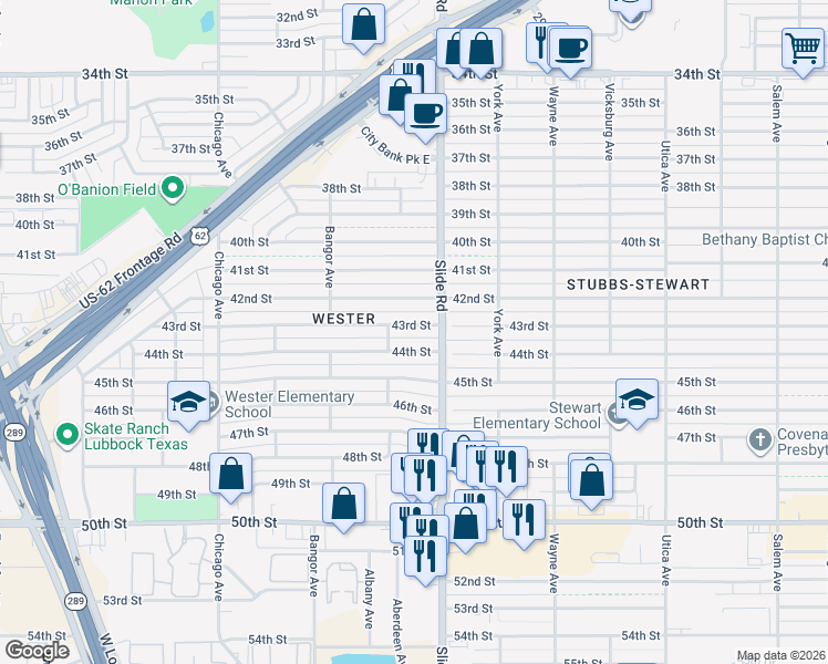 map of restaurants, bars, coffee shops, grocery stores, and more near 5207 43rd Street in Lubbock