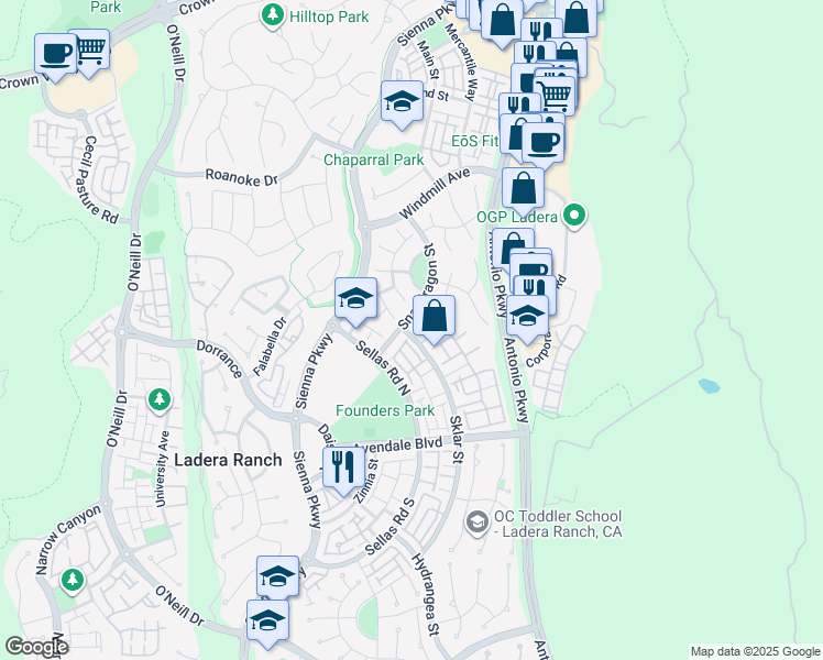 map of restaurants, bars, coffee shops, grocery stores, and more near 22 Snapdragon Street in Ladera Ranch