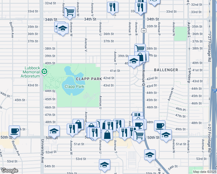 map of restaurants, bars, coffee shops, grocery stores, and more near 2009 43rd Street in Lubbock