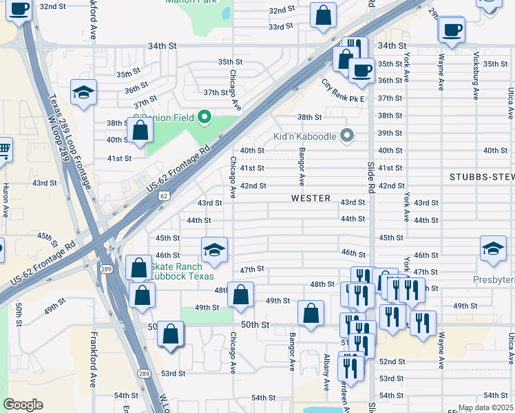 map of restaurants, bars, coffee shops, grocery stores, and more near 5421 43rd Street in Lubbock