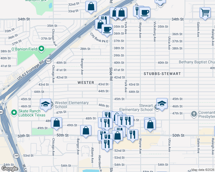 map of restaurants, bars, coffee shops, grocery stores, and more near 5203 43rd Street in Lubbock