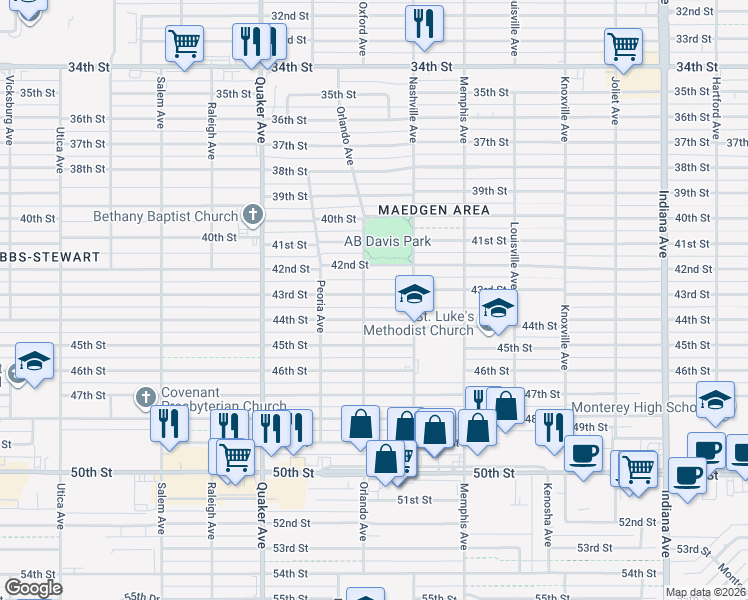 map of restaurants, bars, coffee shops, grocery stores, and more near 4013 43rd Street in Lubbock