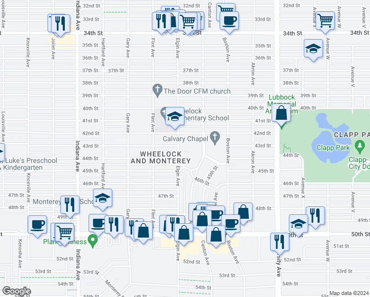 map of restaurants, bars, coffee shops, grocery stores, and more near 2816 43rd Street in Lubbock