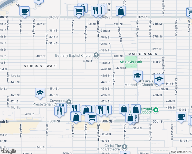 map of restaurants, bars, coffee shops, grocery stores, and more near 4403 43rd Street in Lubbock