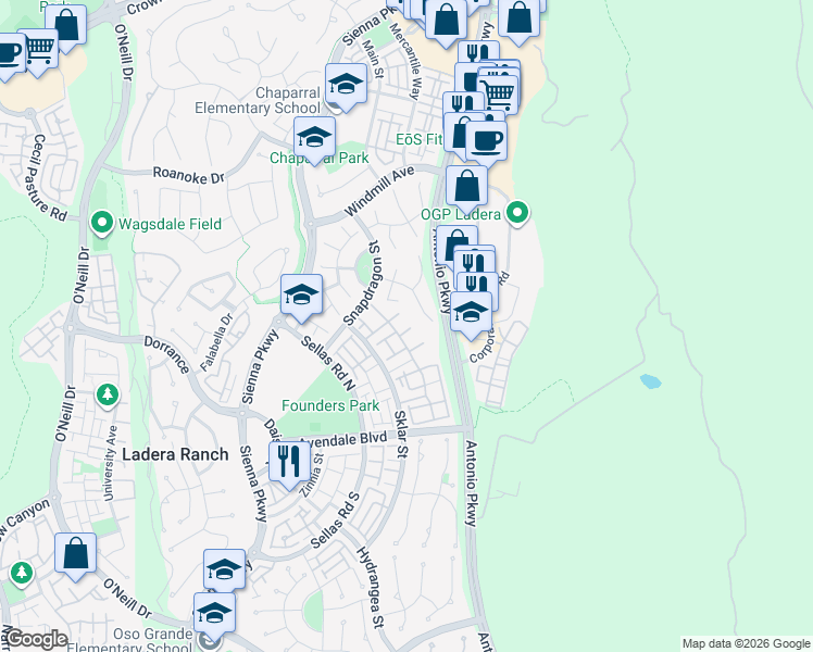 map of restaurants, bars, coffee shops, grocery stores, and more near 14 Blue Spruce Drive in Ladera Ranch