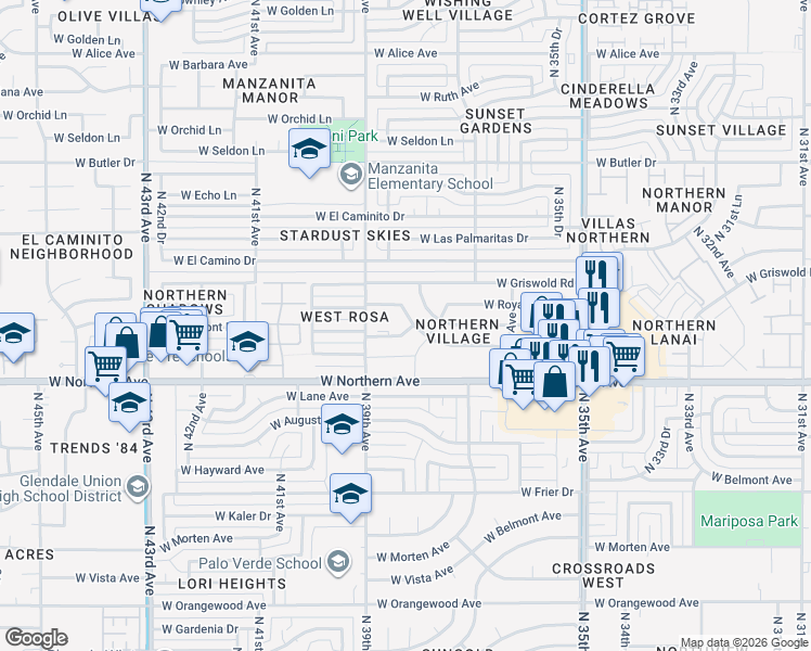 map of restaurants, bars, coffee shops, grocery stores, and more near 3821 West Royal Palm Road in Phoenix