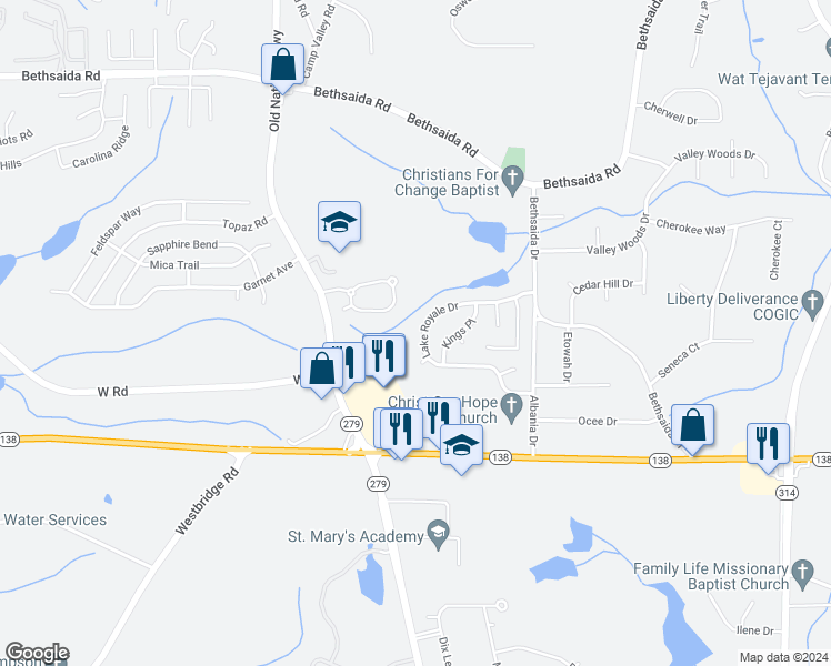 map of restaurants, bars, coffee shops, grocery stores, and more near 2375 Lake Royale Drive in Riverdale