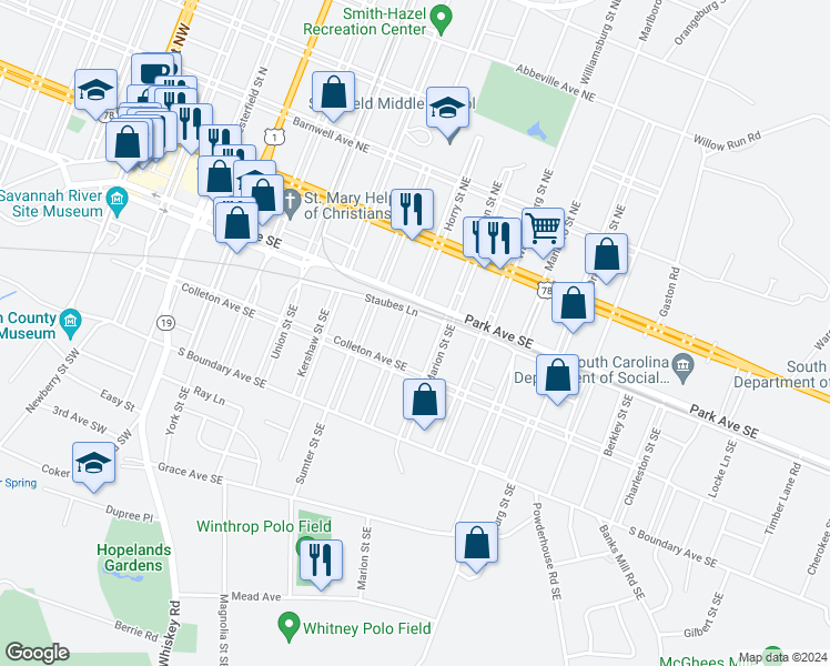 map of restaurants, bars, coffee shops, grocery stores, and more near 218 Horry Street Southeast in Aiken