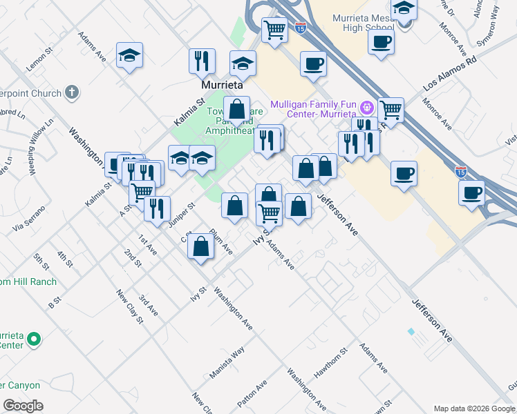map of restaurants, bars, coffee shops, grocery stores, and more near 24960 Adams Avenue in Murrieta